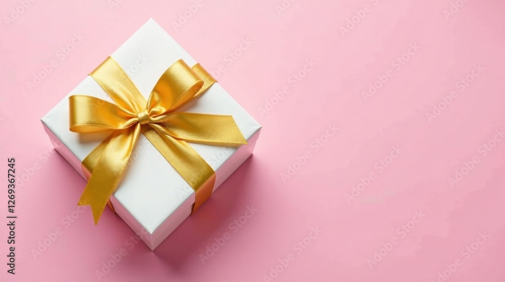 A pristine white gift box adorned with a luxurious golden ribbon, presented against a delicate pink backdrop, conveys elegance and celebratory cheer. A pristine white gift box adorned with a luxurious golden ribbon, presented against a delicate pink backdrop, conveys elegance and celebratory cheer.