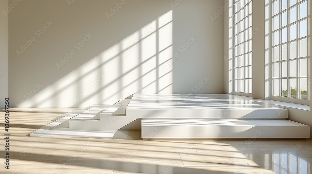 Fototapeta premium Bright white room with ample and elegant staircase, perfect for modern dcor and spaces