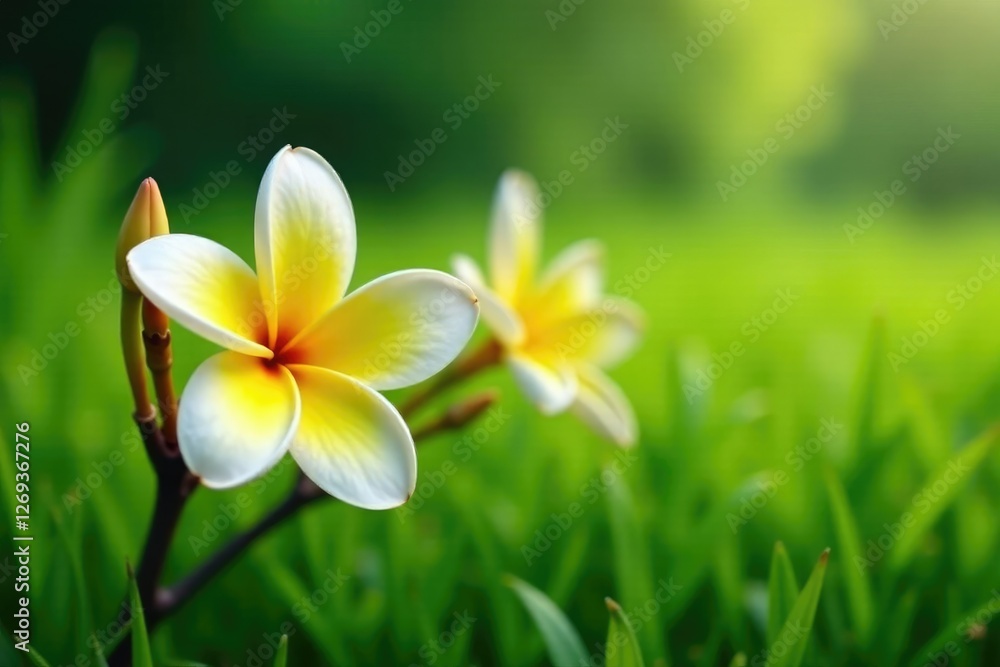 Fototapeta premium Delicate frangipani petals bloom in the lush green grass, tropical, nature