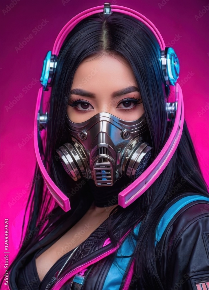 Asian woman, futuristic cyberpunk face, long black hair, wearing a futuristic air-filling mask with a holographic interface. She wears a modern metallic silver and white uniform. Cyberpunk, futuristic Asian woman, futuristic cyberpunk face, long black hair, wearing a futuristic air-filling mask with a holographic interface. She wears a modern metallic silver and white uniform. Cyberpunk, futuristic