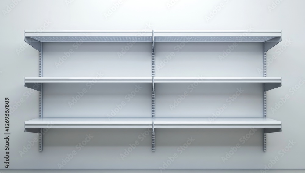 Empty wall shelves, retail display, studio setting, light background Empty wall shelves, retail display, studio setting, light background