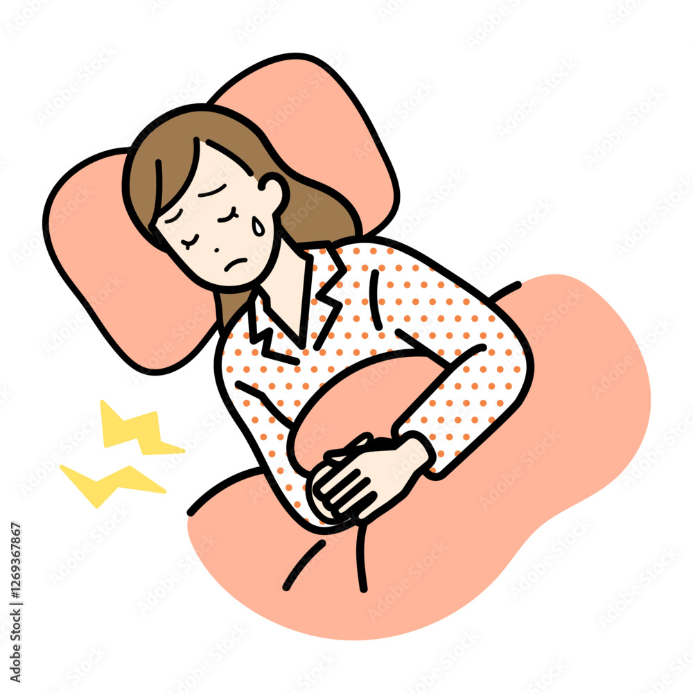 Fototapeta premium Clip art of woman lying down with abdominal pain.