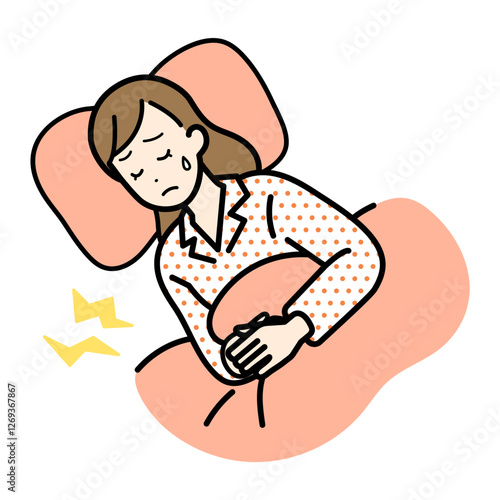 Clip art of woman lying down with abdominal pain.
