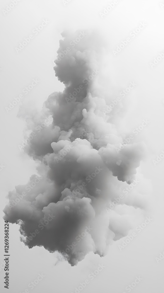 Dense Gray Smoke Cloud Rising Upward With Textured Shapes And Forms Against A Light Background Dense Gray Smoke Cloud Rising Upward With Textured Shapes And Forms Against A Light Background