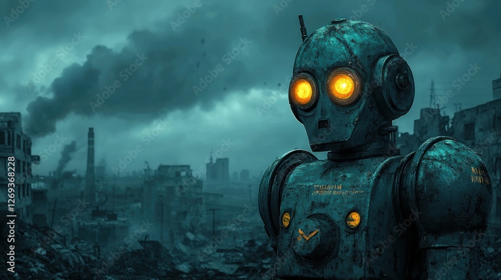 Robot with Glowing Eyes in Post-Apocalyptic Ruins at Dusk Robot with Glowing Eyes in Post-Apocalyptic Ruins at Dusk