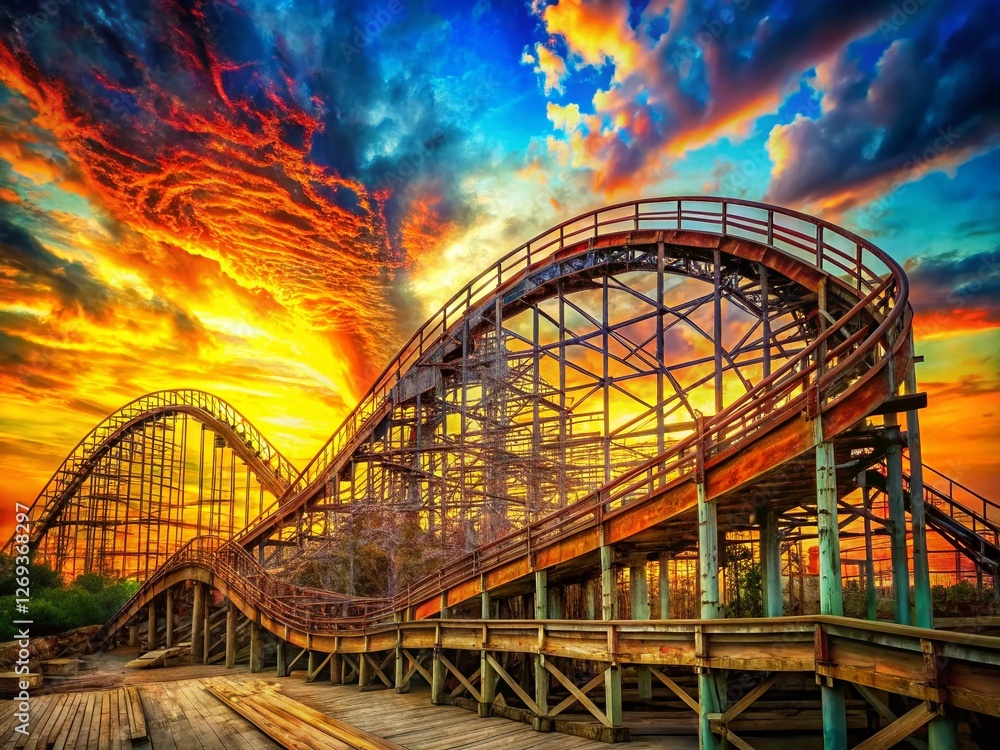 Obraz premium Vintage Wooden Roller Coaster: Thrilling Retro Amusement Park Ride