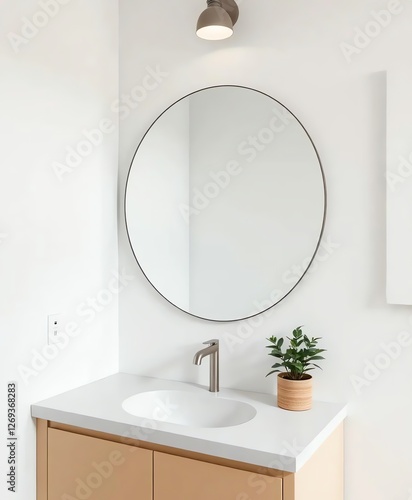 an image of a bathroom sink with a mirror above it, there is a bathroom sink with a mirror above it and a plant photo