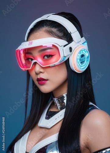 Asian woman, futuristic cyberpunk face, long black hair, wearing virtual reality goggles with holographic interface. She wears a modern metallic silver and white uniform. Cyberpunk, futuristic photo