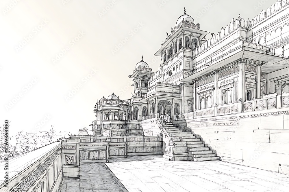 Detailed Architectural Sketch of Palace with Steps and Dome in Light Gray Tones and Textured Ground Detailed Architectural Sketch of Palace with Steps and Dome in Light Gray Tones and Textured Ground