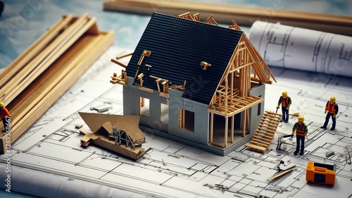 Miniature workers build a wooden house frame over architectural blueprints. The detailed model replicates a real construction site, highlighting the precision and complexity of modern homebuilding.
