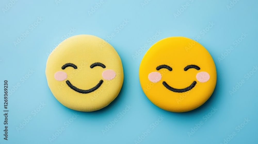Two Cheerful Smiling Emoji Faces on a Bright Blue Background Two Cheerful Smiling Emoji Faces on a Bright Blue Background