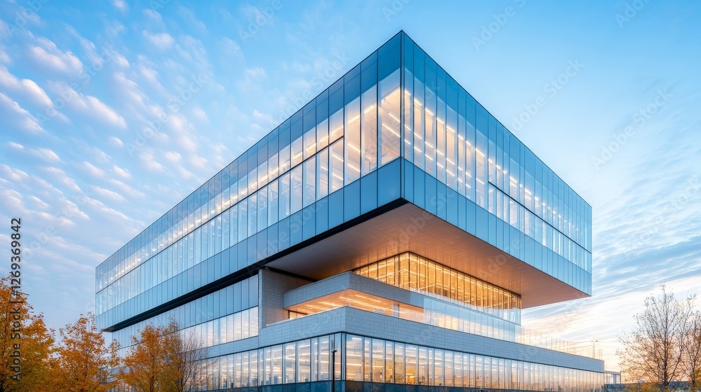 Fototapeta premium Modern architectural marvel with innovative design and striking glass facade at sunset