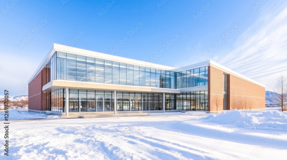 Modern architectural design of a stylish building in a snowy landscape at sunset Modern architectural design of a stylish building in a snowy landscape at sunset