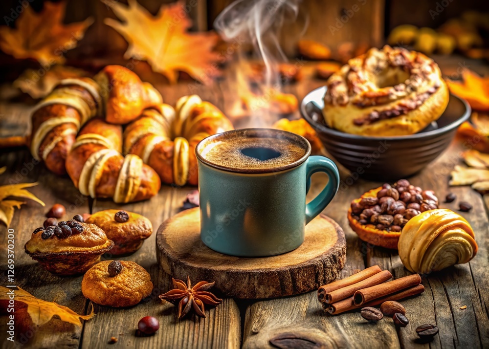 Warm Coffee & Pastries: Cozy Autumn Breakfast on Rustic Wood Warm Coffee & Pastries: Cozy Autumn Breakfast on Rustic Wood