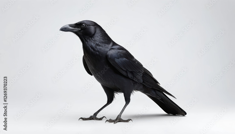 Fototapeta premium Black raven standing elegantly with glossy feathers on a neutral background showcasing its sharp features and striking appearance