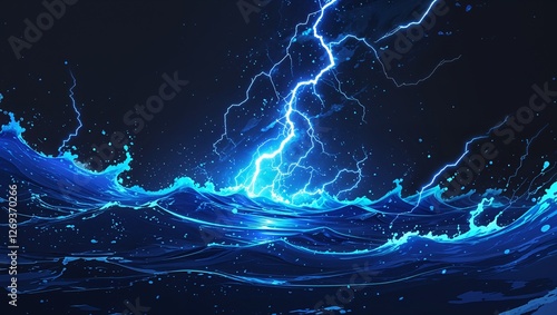 Abstract impact of deep sea blue glowing lightning sparks effects anime on plain black background