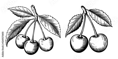 Cherry branches with leaves and berries, black and white engraving style. Vector vintage engraving style illustrations