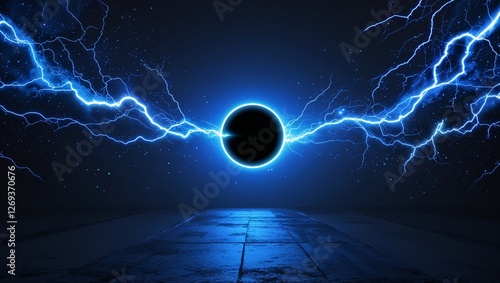 Abstract impact of eclipse blue glowing lightning sparks effects anime on plain black background