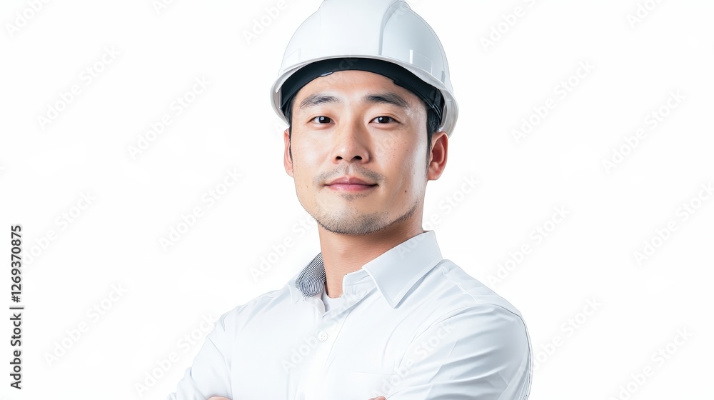 Confident construction professional wearing a safety helmet and white shirt Confident construction professional wearing a safety helmet and white shirt
