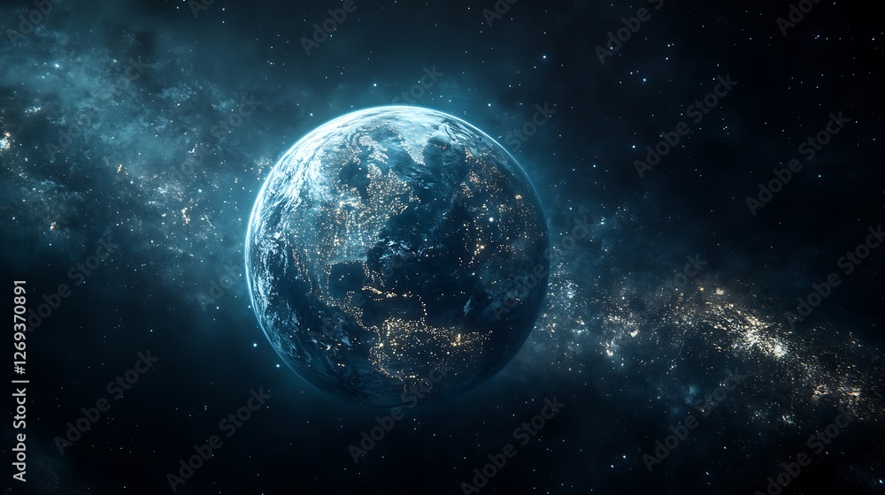 Earth View from Space with City Lights and Galaxy Background A Celestial Scene Depicting Humanity Earth View from Space with City Lights and Galaxy Background A Celestial Scene Depicting Humanity