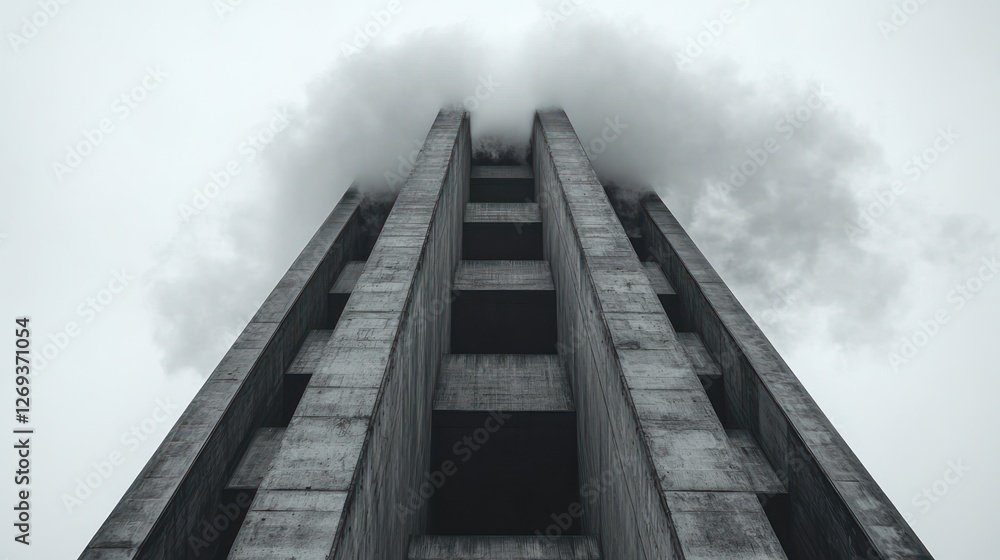 Concrete tower, cloudy sky, low angle, architecture, urban design Concrete tower, cloudy sky, low angle, architecture, urban design