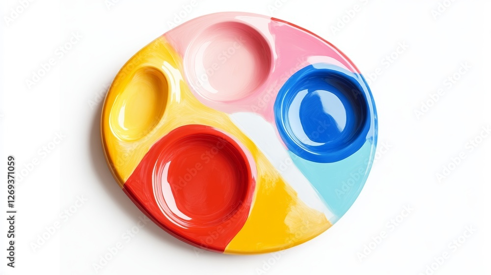 Vibrant Plastic Palette on White Background Top View with Colorful Sections Vibrant Plastic Palette on White Background Top View with Colorful Sections