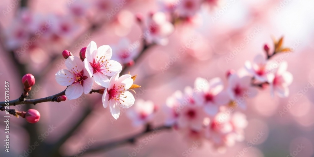 Delicate Pink Blossoms on a Branch, Softly Illuminated by Natural Light, Creating a Serene and Peaceful Atmosphere Delicate Pink Blossoms on a Branch, Softly Illuminated by Natural Light, Creating a Serene and Peaceful Atmosphere
