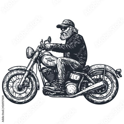 Vector illustration of a bearded man riding a classic motorcycle. Depicted in a vintage style. Perfect for motorcycle themed projects and designs.