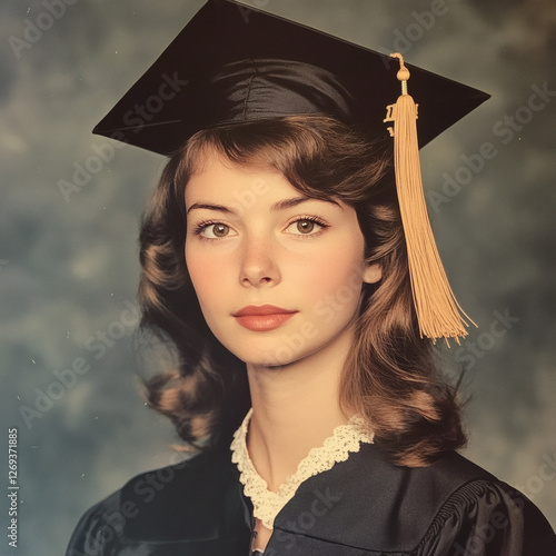 1970s style college graduation photo of a young woman with the typical cap and gown