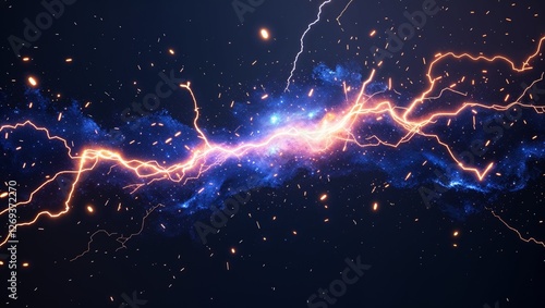 Abstract impact of galaxy navy glowing lightning sparks effects anime on plain black background