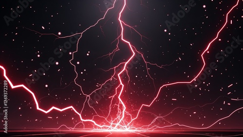 Abstract impact of garnet red and coral pink glowing lightning sparks effects anime on plain black background