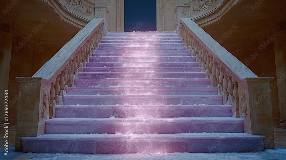 Fototapeta premium Enchanting staircase illuminated by soft pink light creating a mystical atmosphere