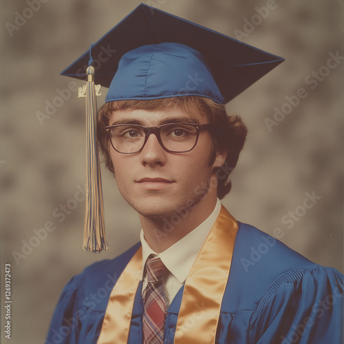 1970s style college graduation photo of a young man with the typical cap and gown