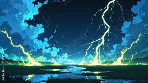 Abstract impact of glowing sky blue and toxic ember green glowing lightning sparks effects anime on plain black background