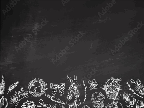 Easter chalkboard background with hand drawn vintage elements in white on black