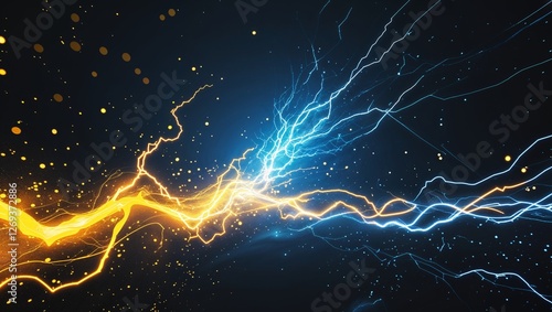 Abstract impact of goldenrod yellow and ultramarine blue glowing lightning sparks effects anime on plain black background