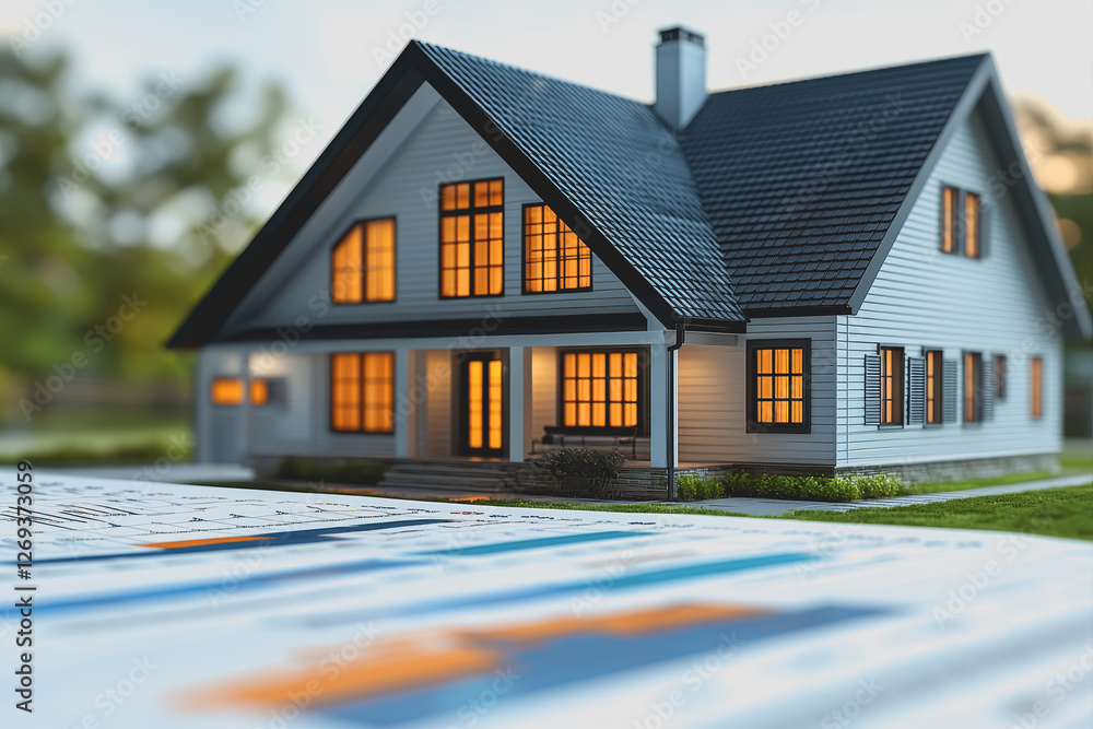 Model of a house placed on top of an architectural blueprint and construction plans Model of a house placed on top of an architectural blueprint and construction plans