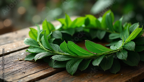 Wreath of thorns Leaf in Natural Green Tones with Rustic Wooden Texture, Serene Botanical Composition