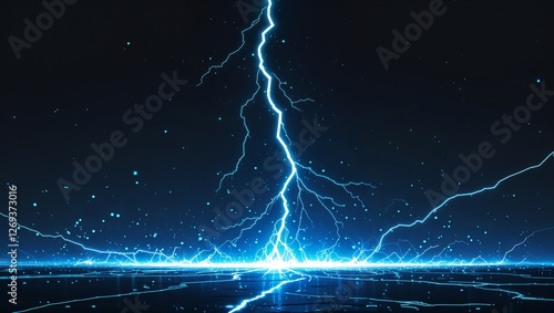 Abstract impact of hyper cyan glowing lightning sparks effects anime on plain black background