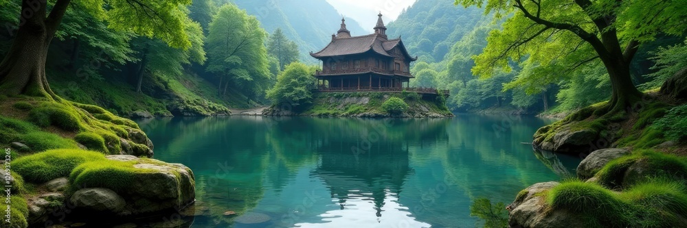 Moss-covered stones surrounding a shimmering lake, palace, water features, serene Moss-covered stones surrounding a shimmering lake, palace, water features, serene