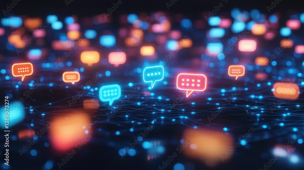 Explore a digital interface featuring vibrant chatbot conversations visualized through colorful communication bubbles, emphasizing user engagement and interaction in a modern tech landscape.