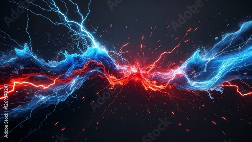 Abstract impact of icy blue and lava red glowing lightning sparks effects anime on plain black background