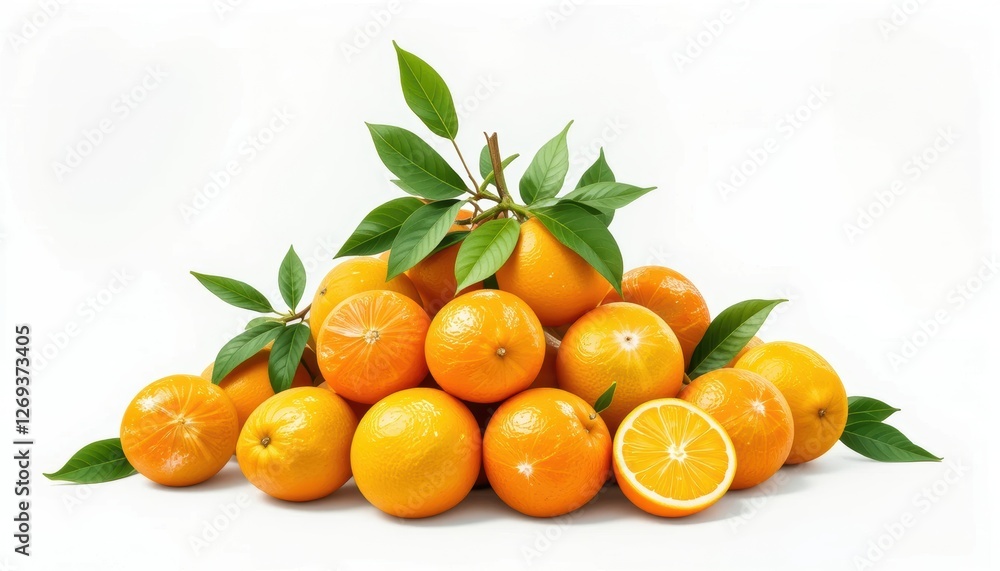 Fresh Oranges Piled with Green Leaves on White Background Showcasing Juicy Fruits for Healthy Lifestyle and Nutrition Fresh Oranges Piled with Green Leaves on White Background Showcasing Juicy Fruits for Healthy Lifestyle and Nutrition