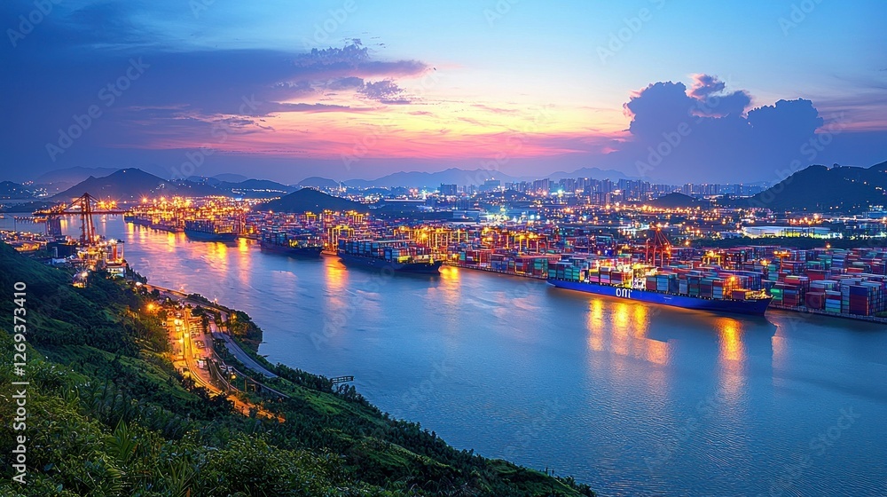 Fototapeta premium Container ships at sunset, harbor, city skyline, industrial, import/export