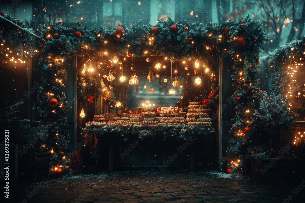 Obraz premium Cozy Christmas Market Stall with Treats and Festive Decorations