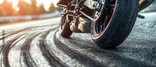 A striking image capturing motorcycle skid marks on a road with a dramatic sunset backdrop, emphasizing movement and speed in a captivating outdoor setting.