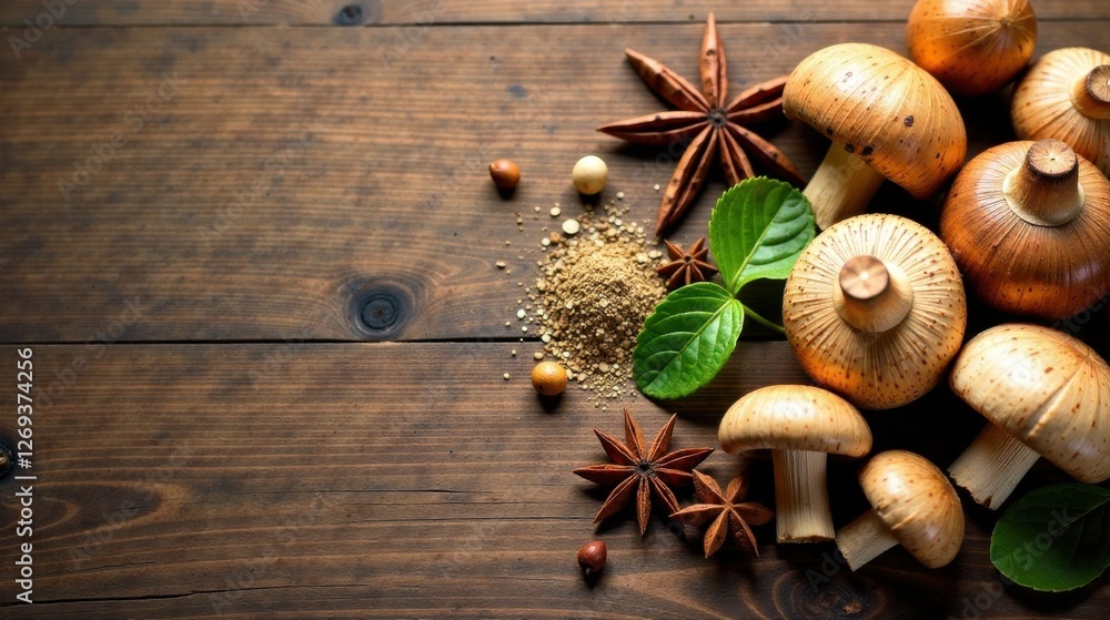Aromatic Culinary Still Life Featuring Mushrooms, Spices, and Greenery on Rustic Wood Aromatic Culinary Still Life Featuring Mushrooms, Spices, and Greenery on Rustic Wood