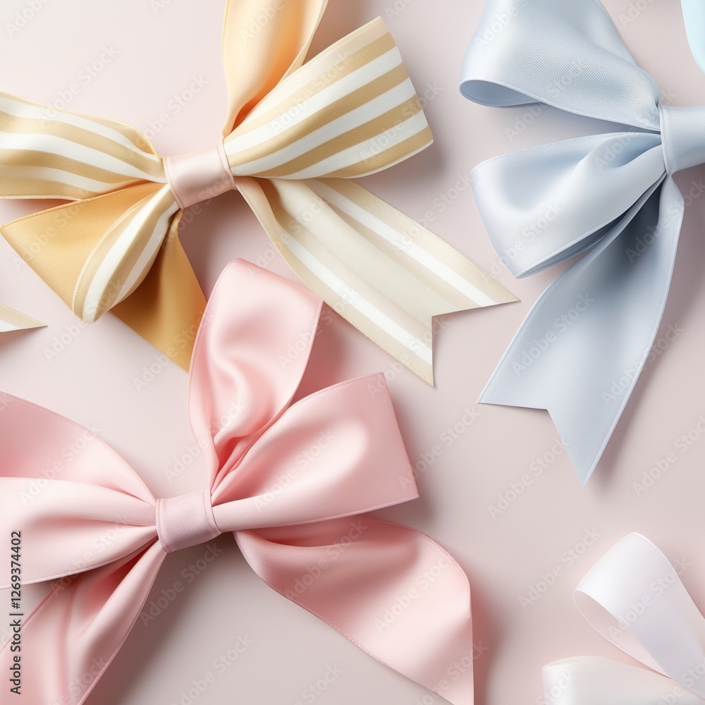 A collection of colorful bows in pastel shades, showcasing different styles and textures, perfect for decoration or fashion accessories. A collection of colorful bows in pastel shades, showcasing different styles and textures, perfect for decoration or fashion accessories.