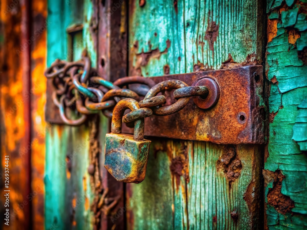 Weathered Rusty Lock & Chain on Old Shed Door - Close-up Detail Stock Photo Weathered Rusty Lock & Chain on Old Shed Door - Close-up Detail Stock Photo