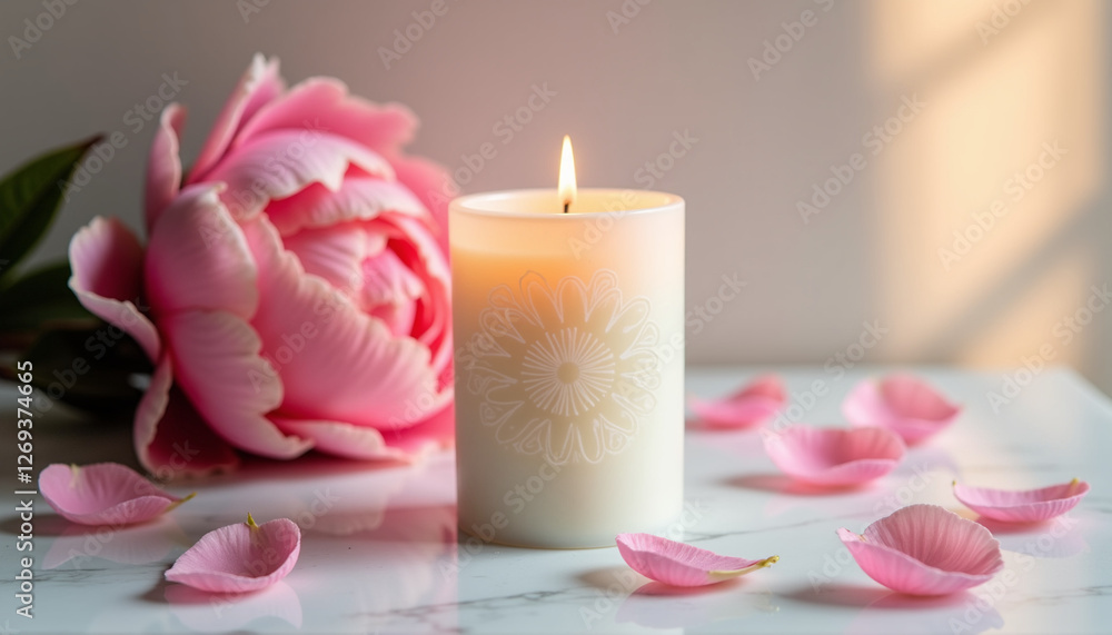 Lit candle with pink flower petals in soft lighting Lit candle with pink flower petals in soft lighting